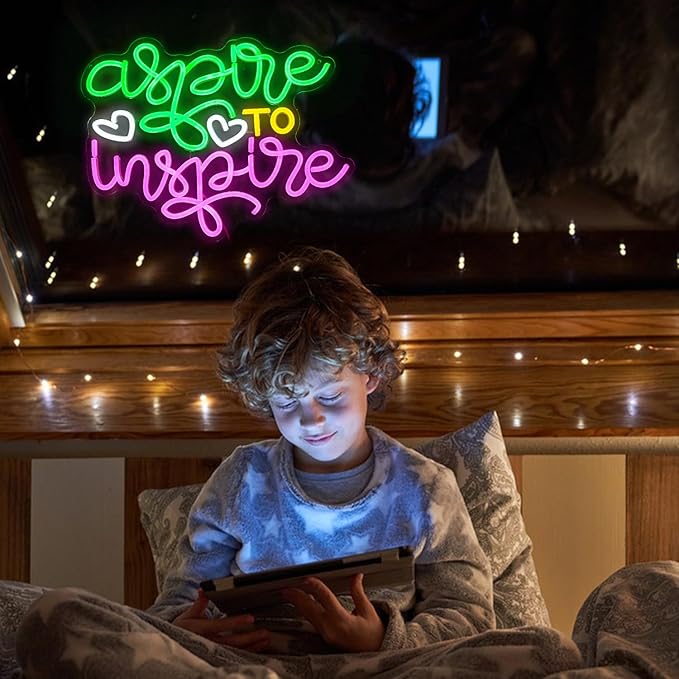 Aspire To Inspire Neon Sign 16.5 * 12.6 Inch Dimmable Switch Led Light Up Colorful Sign for Wall Decor USB Cute Letters Neon Light for Bedroom Classroom Office Station Art Wall Decor