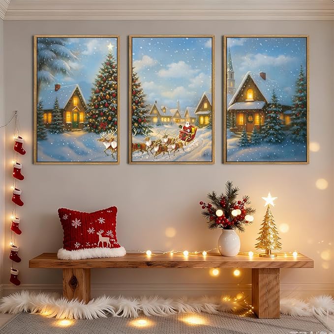 BINCUE Christmas Wall Art Framed Santa Claus Wall Art Decor Santa Winter Wall Painting for Living Room Bedroom Dining Room 16x24 Inches Set of 3