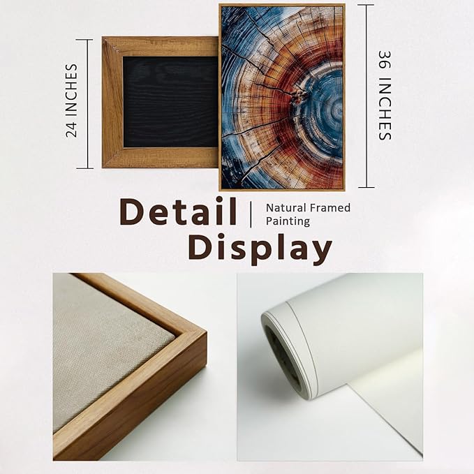 BingruiArt Large Framed Tree Ring Wall Art Wood Canvas Colorful Boho Wall Decor Rustic Artwork Abstract Painting Farmhouse Picture Nature Print for Living Room Bedroom Bathroom 24"x36" Natural Framed(01)