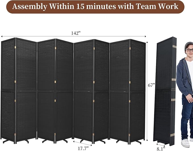 Bamboo Room Divider 8 Panel Wall Divider, 142'' W x 67'' H Folding Design with Extra Stable Base, 100% Bamboo Room Divider Screen for Room Separation, Chinese Room Partitions and Dividers Freestanding