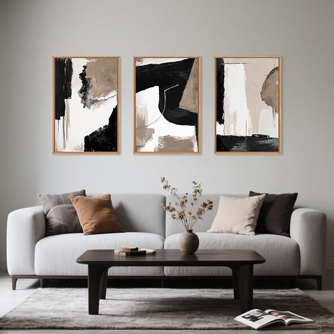 Large Modern Abstract Framed Canvas Wall Art Set, Neutral Black and Beige Color Block Wall Decor,Minimalist Pastel Tan Art Printing for Living Room,Bedroom,Office-16 x24 x3