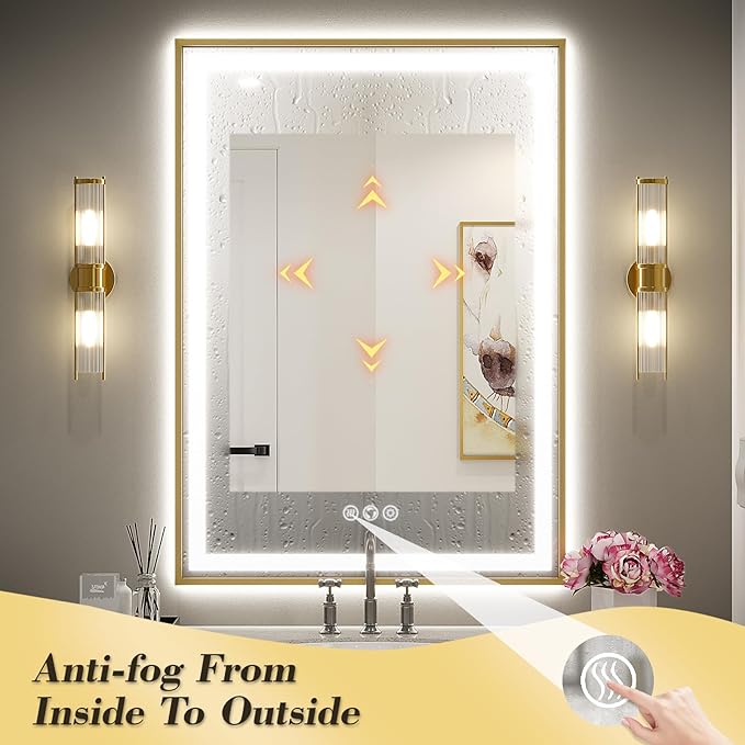 24x32 Inch LED Bathroom Mirror with Lights, Frontlit & Backlit Gold Metal Frame Mirror, Wall Mounted Lighted Vanity Mirrors for Wall, Double Lights Strips,Anti Fog Stepless Dimmable 3000K-6000K