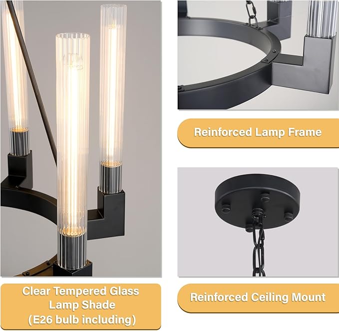 Black Farmhouse Wagon Wheel Chandelier with Glass Tube, 23.6 Inch Large Round 6-Light Luxurious Chandelier Fixture Ceiling Pendant Lighting for Living Room, Dining Room, Bedroom, Foyer