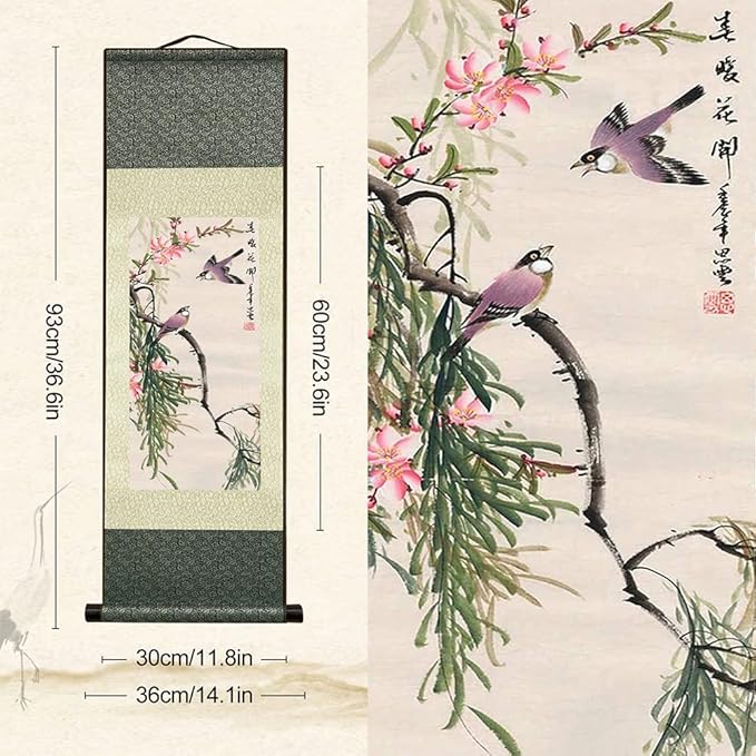 AtfArt Wall Art 4 Pack Asian Decor Birds & Flowers Silk Scroll Painting (36.2 x 12 in) - Chinese Art Wall Hanging, Fade-Resistant, Home Office