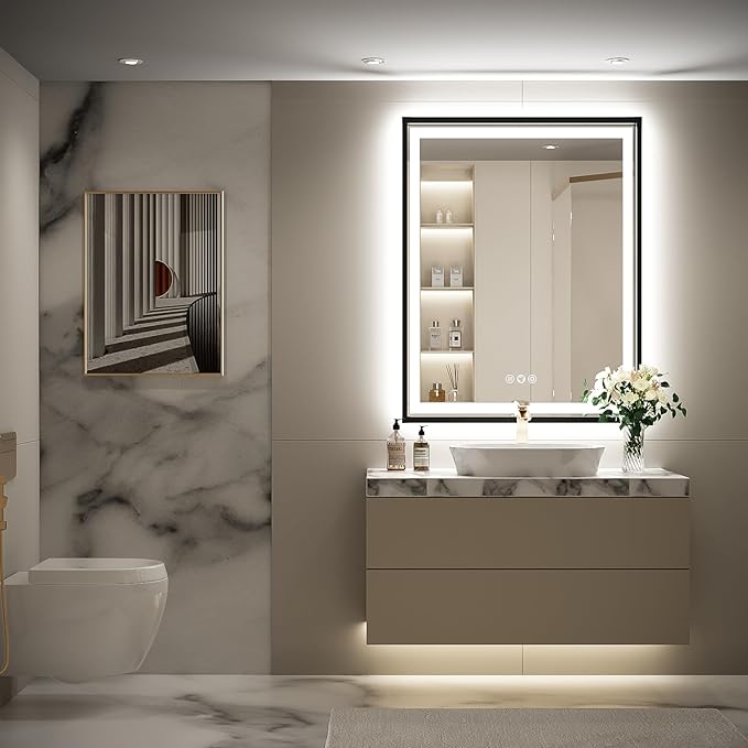 28X36 Inch Framed LED Lighted Bathroom Mirror,Backlit and Front Wall Mounted Black Metal Vanity Mirrors with Lights,Double LED Dimmable Illuminated & 3 Colors Temperature Anti-Fog Mirror