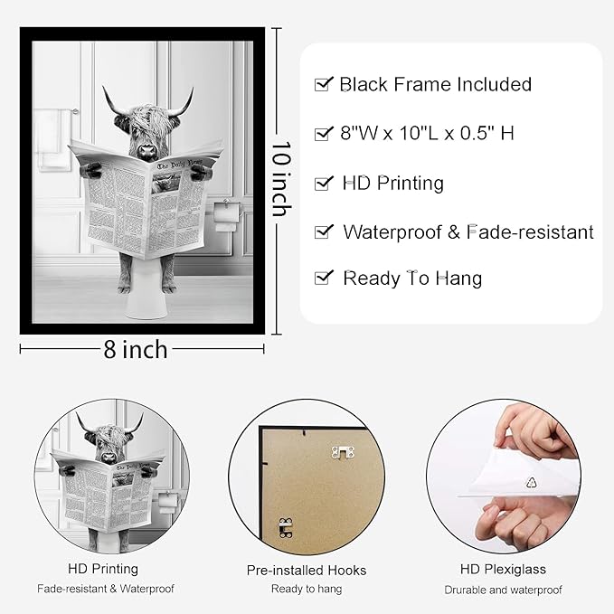 KBKBART Funny Highland Cow Wall Art Set of 3, Rustic Farmhouse Bathroom Cow Pictures Wall Decor Painting, Brown Cute Cow Animal Canvas Posters Prints for Bathroom Restroom Home Decor Framed 8x10 Inch