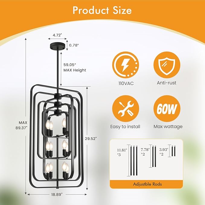 Black Chandelier, 12-Light Farmhouse Chandelier for Entryway, Modern Foyer Lighting Fixtures, Foyer Chandeliers for High Ceilings, Hanging Pendant Lights for Living Room, Staircase, Entry