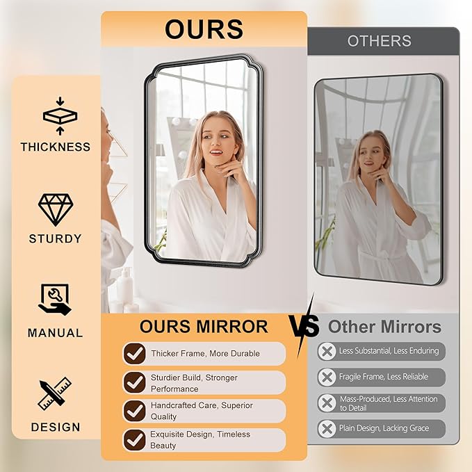 26"x40" Rustproof Bathroom Mirror Black, Round Corner Metal Frame Wall Mirror, Horizontal/Vertical Hanging Over Sink, Bedroom Bathroom Decor