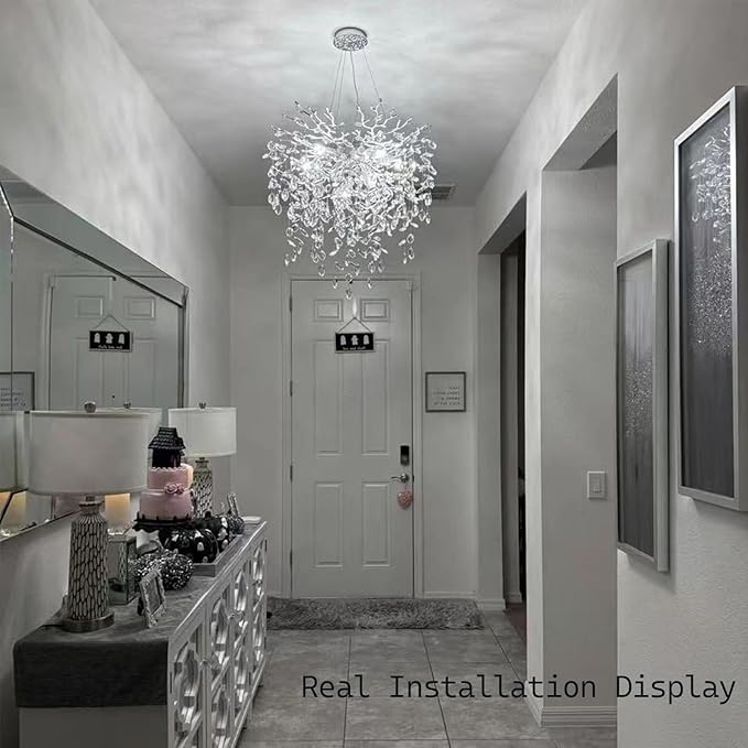 24 in Crystal Chandelier for Dining Room, Round Silver Tree Branches Chandeliers, Top K9 Crystal Chandelier, Modern Chandeliers for Kitchen,Foyer Entryway,Luxury Adjustable Hanging Chandeliers