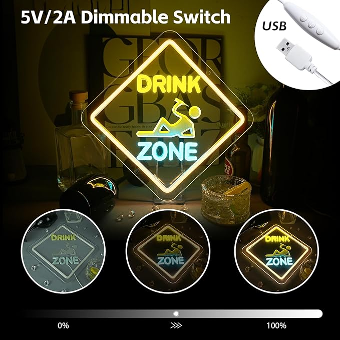 Looklight Led Bar Sign Drink Zone Neon Sign Dimmale Neon Signs For Wall Decor Led Lights Drinks Sign For Bar Man Cave Club Party Bedrooom Decoration USB Powered 12.6x12.6in