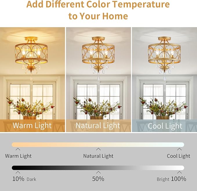 Crystal Ceiling Light Fixture, Modern Small Chandelier Light Fixture, Farmhouse Gold Semi Flush Mount Ceiling Light, Round Hallway Lighting Fixtures for Bedroom Entryway Closet Dining Room Living Room