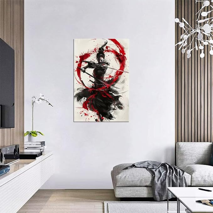 Japanese Female Samurai Wall Art Woman Fight Painting Canvas Prints Red Warrior Pictures Bushido Poster for Bedroom Classroom Dorm Living Room Aesthetic Decor Framed (18''W x 24''H)