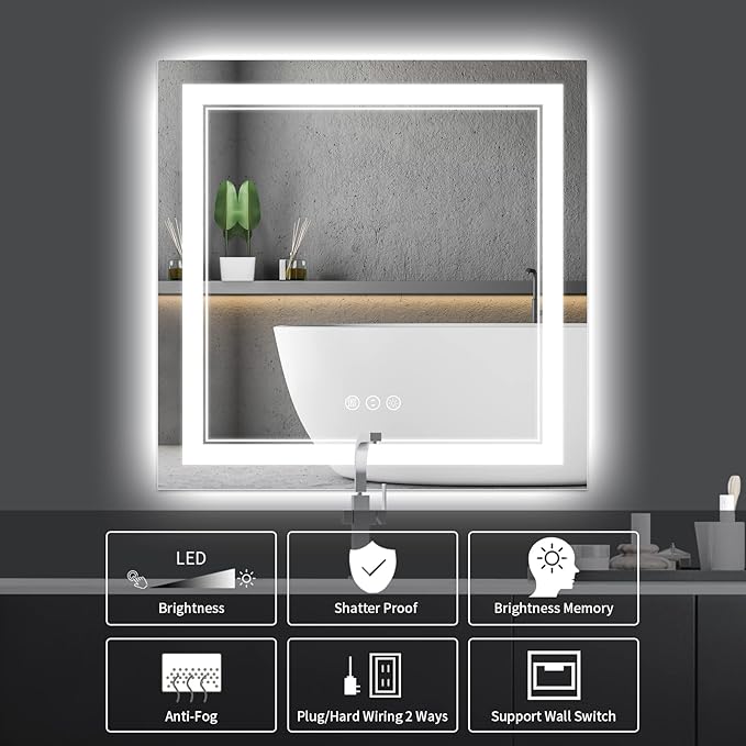 36 x 36 Inch Led Mirror for Bathroom, Backlit and Front Lighted Bathroom Vanity Mirror with Lights, Anti-Fog, 3 Colors Dimmable, Memory, Shatterproof Wall Led Mirror
