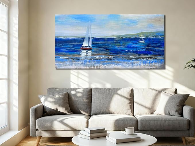 Ardemy Blue Abstract Canvas Wall Art for Living Room Sailboat Large Wall Decor Painting Picture Bedroom Textured Nautical Navy Blue Seascape Artwork Art for Home Office,48"x24"