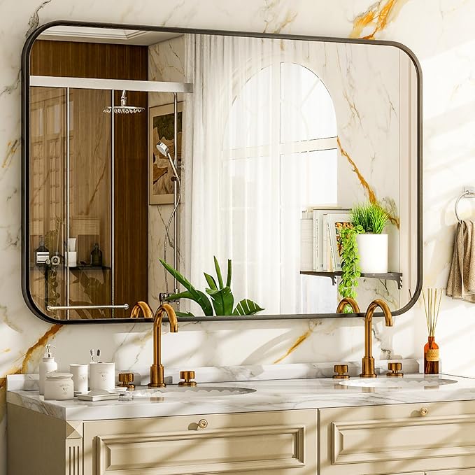 30 x 40 Inch Bathroom Mirror, Rounded Rectangular Vanity Mirror for Wall, Modern Mirror for Room Decor, Black Framed Wall-Mounted Mirrors for Home Decor, Hangs Horizontally or Vertically