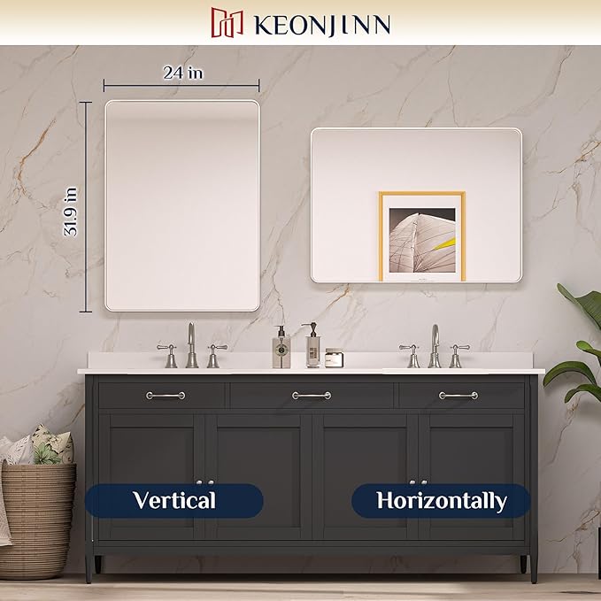 Keonjinn Brushed Nickel Mirror 24 x 32 Inch Silver Bathroom Mirror for Over Sink, Rounded Rectangle Farmhouse Vanity Mirror, HD Tempered Glass Wall Mirror, Aluminum Alloy Frame (Horizontal/Vertical)