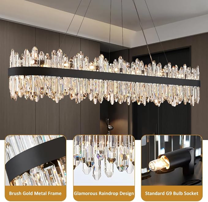 Black Oval Crystal Chandelier L57 inch, 32-Lights Chandeliers Modern Crystal Chandelier Pendant Light Fixture G9 Lights Pendant Ceiling Light for Kitchen Island High Ceiling