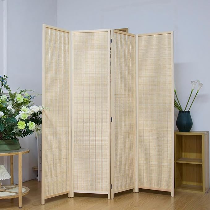 4 Panel Room Divider Screen, 5.6 FT Tall Bamboo Folding Privacy Screen, Freestanding Room Separator, Beige