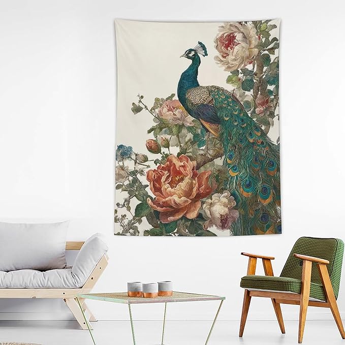 UUKXKUU Peacock Oriental Retro Blooming Flowers Tree Tapestry Wall Decor Large Wall Art Backdrop Flag Hanging for Bedroom Living Room Dorm Office 60"×80"