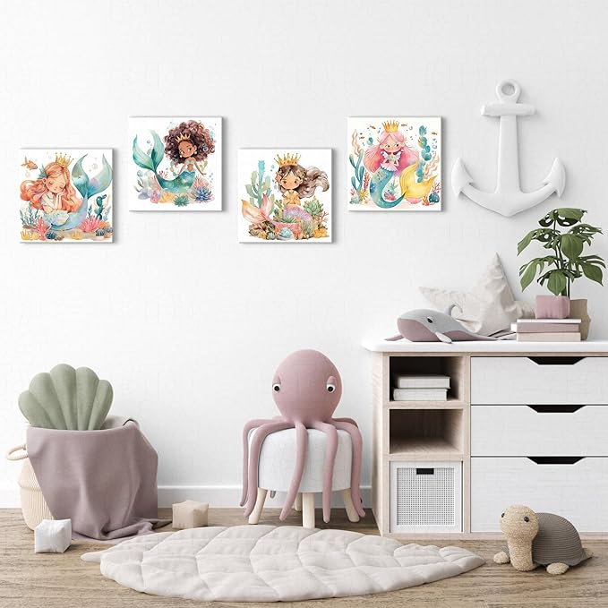 Nursery Room Mermaid Wall Art Girls Bathroom Mermaid Princess Pictures Girly Bedroom Decor Cute Succulent Underwater World Ocean Life Painting Canvas Print Baby Kids Playroom Home Decoration 12×12" 4P