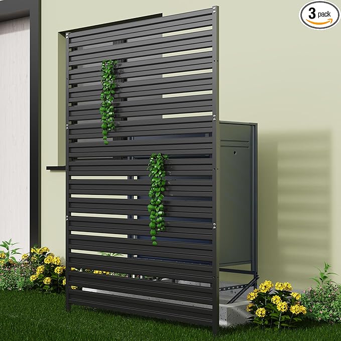 Metal Privacy Fence Panels for Outside, 63in H x 38in W Air Conditioner Fences, Pool Equipment Enclosure Trash Can Fence, No Dig Privacy Screen Fencing for Outdoor, Black