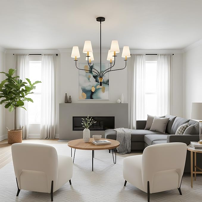 30" Modern Black and Gold Chandelier for Dining Room, 6-Light Mid Century Pendant Light with White Fabric Shade, Contemporary Ceiling Lighting for Living Room Bedroom Kitchen Island, E12