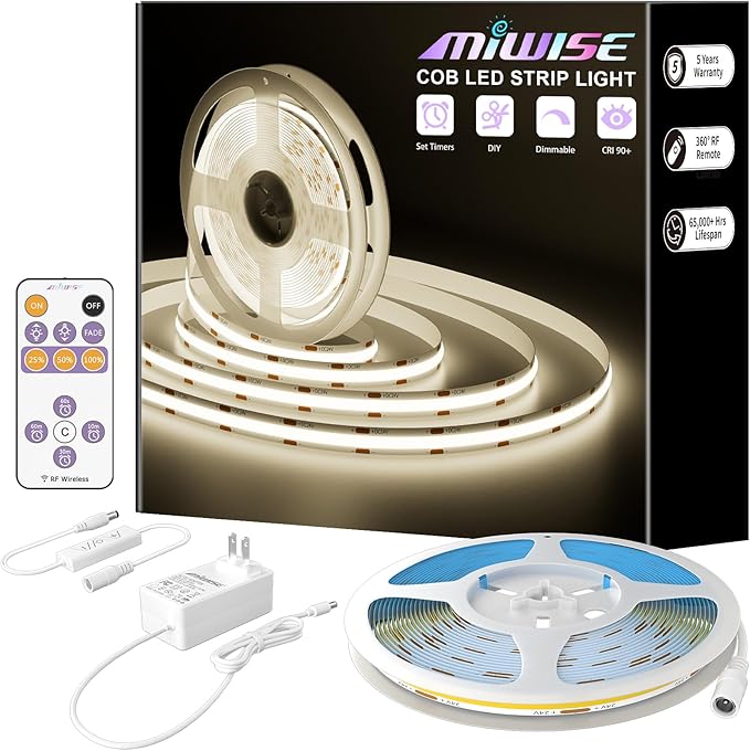 MIWISE COB LED Strip,4000K Natural White 32.8ft/10m,Dimmable Super Bright 24V LED Strip Light,CRI 90+ Flexible Tape Light with RF Remote Timer Function,for Home/Cabinet/Bedroom/TV DIY Lighting Project