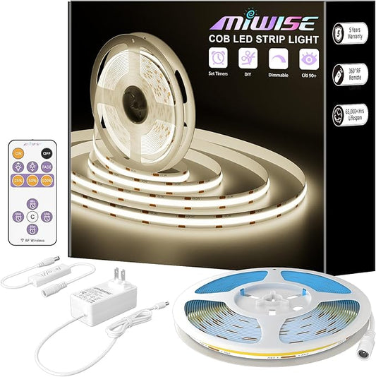 MIWISE COB LED Strip,4000K Natural White 32.8ft/10m,Dimmable Super Bright 24V LED Strip Light,CRI 90+ Flexible Tape Light with RF Remote Timer Function,for Home/Cabinet/Bedroom/TV DIY Lighting Project