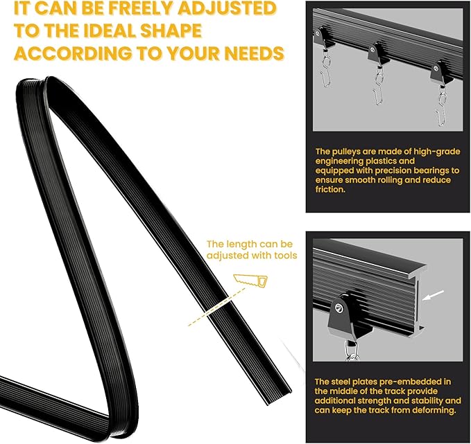 AJAZZ 100% Blackout Room Divider Curtains - with Flexible Ceiling Curtain Track, Noise Reduce Barrier for Portable Curtain for Sliding Glass Door/Space Room Divider r(Black, W180 x L96, 1 Pack)