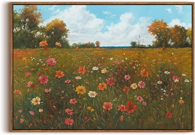 KISSFOX Vintage Landscape Framed Wall Art Autumn Farmhouse Wildflower Field Canvas Art Natural Fall Countryside Paintings Artwork Rustic Art Prints For Bedroom Bathroom Living Room