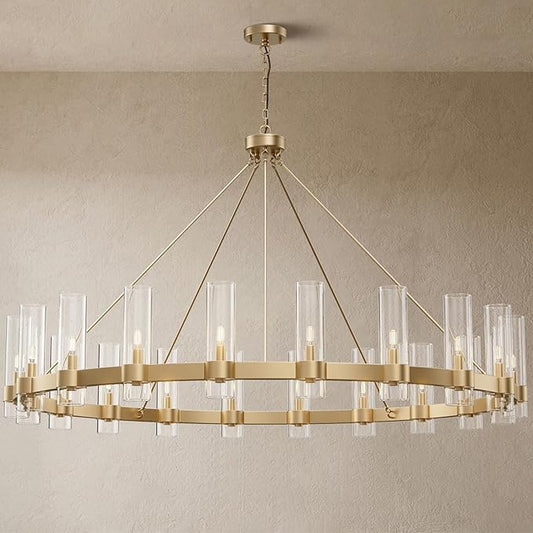 60 Inch Gold Chandelier, Wagon Wheel Chandelier with Glass Shade, 20-Lights Large Round Modern Farmhouse High Ceiling Pendant Lighting Fixture for Dining Room, Living Room, Kitchen, Foyer