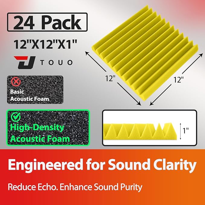 24 Pack Acoustic Panels – Sound Proof Foam Panels for Wall 12"x12"x1", Flame Retardant Wedge Acoustic Foam, High-Density Sound Absorbing Panels for Home Studio(Yellow, 1" Thick 24 Pack)
