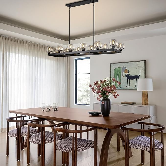 59 Inch Black Rectangle Wagon Wheel Chandeliers, Black Chandelier for Dining Room Over Table, Modern Crystal Long Chandelier, Farmhouse Large Linear Chandeliers for Kitchen Island