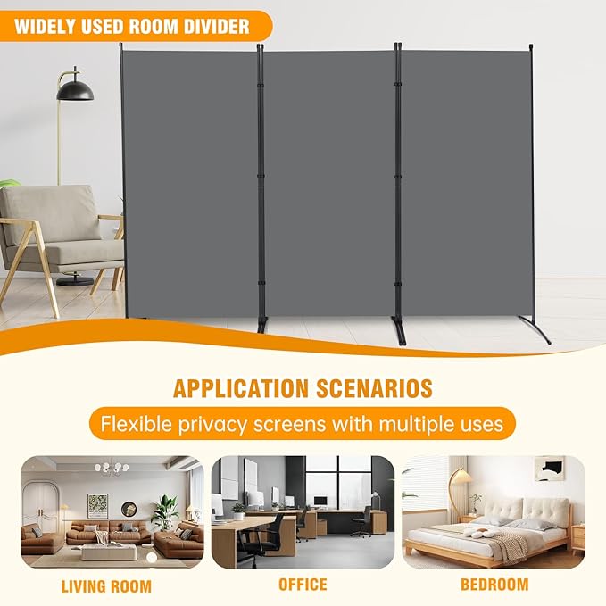 6 FT Tall Room Divider Screen Fabric Wall Divider with Metal Frame, 3 Panel Folding Privacy Screens, Portable Room Divider Panel, Freestanding Room Divider Partition for Office Bedroom Study, Grey