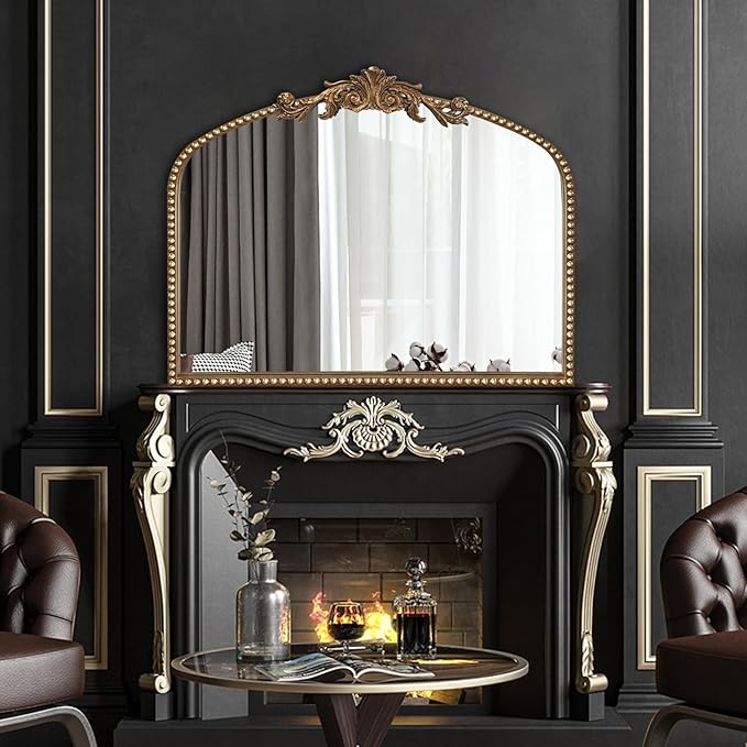 Baroque Arch Mirror for Living Room Wall, 36" X 30" Antique Gold Traditional Cathedral Ornate Beaded Arched Frame Decorative Vanity Mirrors for Mantel Fireplace, Bathroom, Bedroom Decor