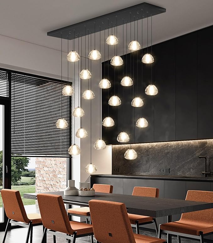 24-Lights Modern Rectangular Crystal Chandelier LED Raindrop Ceiling Pendant Light Crystal Lighting Fixture for Living Room Hotel Staircase Hallway Foyer Entryway Bedroom Black