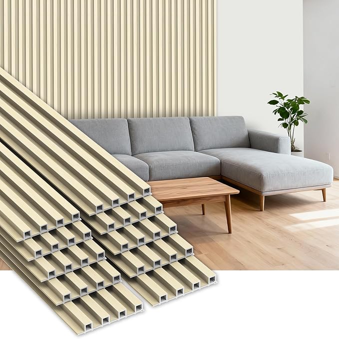 10Pack WPC Slat Wall Panels, 96 x 6.4 x 0.8Inches 3D Accent Wall Panels for Interior Home Decor, Fluted Wood Paneling for Living Room, TV Background, Office, Bedroom(Oak)