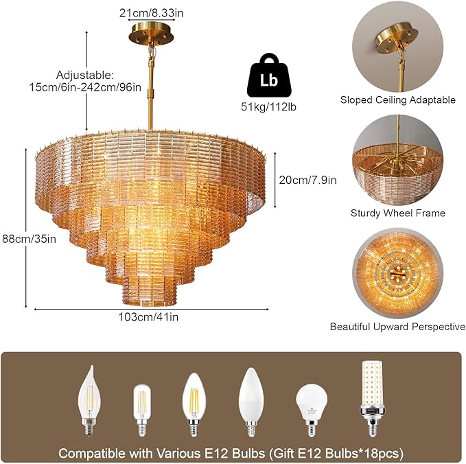 41" Large Chandelier, 18-Light Gold Chandelier for Ding Room, Tiered Amber Round Drum Chandeliers, Crystal Glass Kitchen Island Hanging Light Fixture for Living Room, Foyer, Entryway & Bedroom