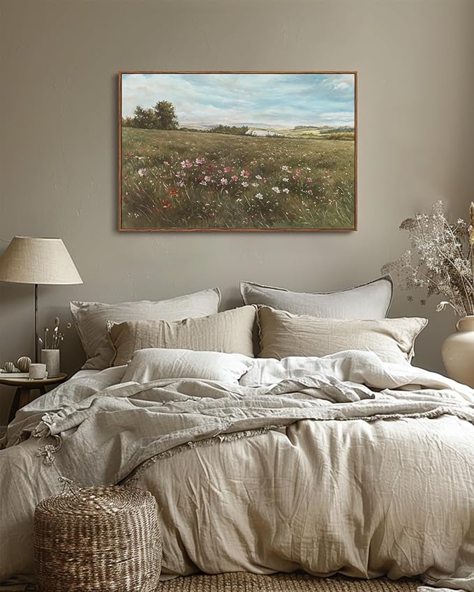 KISSFOX Vintage Landscape Canvas Wall Art Farmhouse Colorful Wildflower Meadow Framed Wall Art Summer Natural Serene Countryside Paintings Artwork Rustic Art Prints For Bedroom Bathroom Living Room