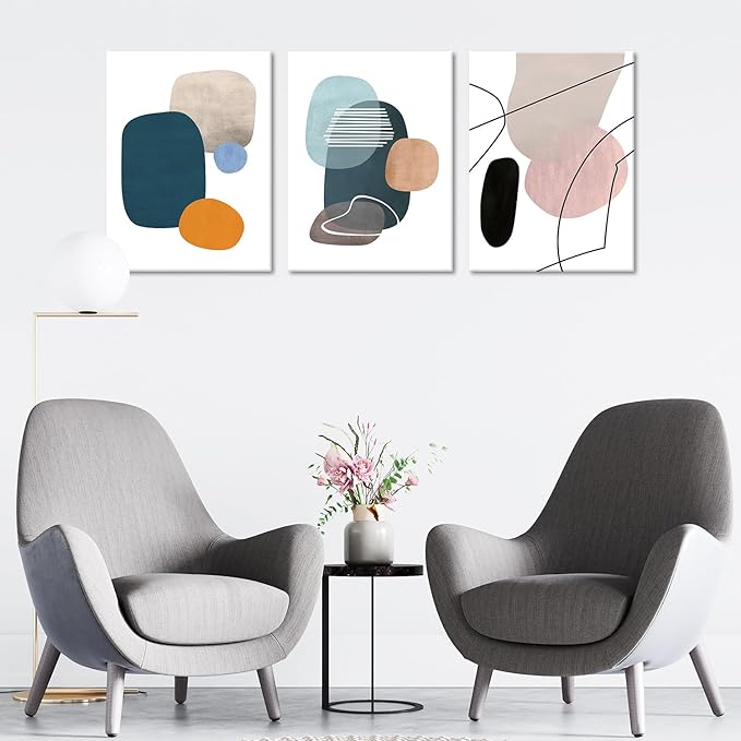ouiytws Abstract Wall Art Set of 3 – Mid Century Modern Geometric Canvas Prints, Minimalist Teal Orange Beige Artwork for Living Room, Bedroom, Office, Bathroom Wall Décor，Frame 12x16in