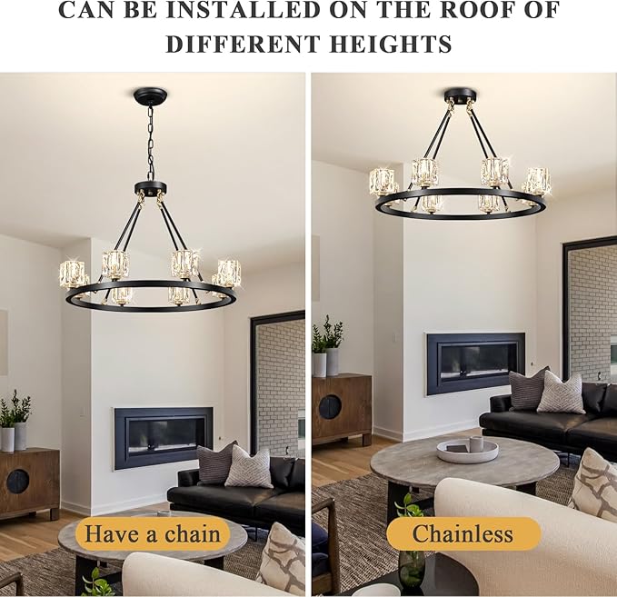 Black Wagon Wheel Chandelier,10-Lights Crystal Chandeleirs with Adjustable Height, Dining Room Light Fixture, Hanging Lights for Kitchen Island, Living Room, Bedroom, Entryway, G9 Base