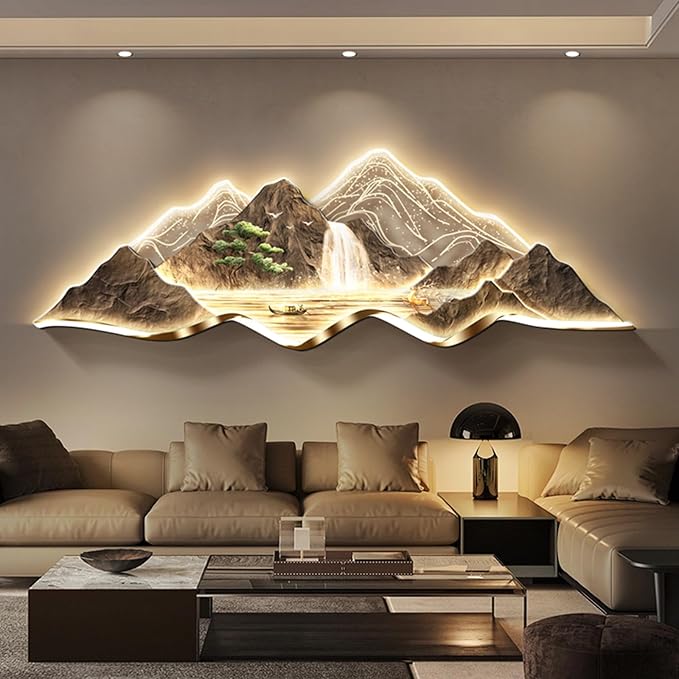 Large 3D Wall Art Decor ,Living Room Hanging Mural,Modern Wall Art, Handmade Wall Sculpture with Lighting Strip Oriental Decor, Traditional Chinese Welcoming Wall Hanging Painting Home Decor(B,150*50c