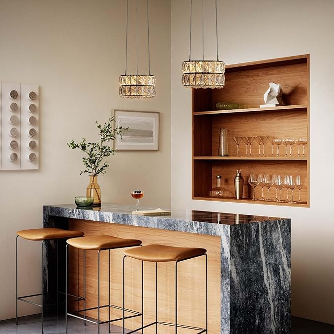 Led Ring Crystal Chandelier, Modern Dimmable Chandeliers Lighting and Hanging Adjustable 7.8'' Black LED Round Ceiling Light Fixtures for Dining Room Living Room