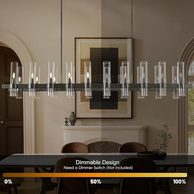 Black Linear Chandeliers for Dining Room, 68" Rectangle Chandelier with Glass, 20-Light Dining Room Chandeliers Over Table, Bronze Chandelier for Kitchen Island, Modern Pendant Light(Bulbs Included)