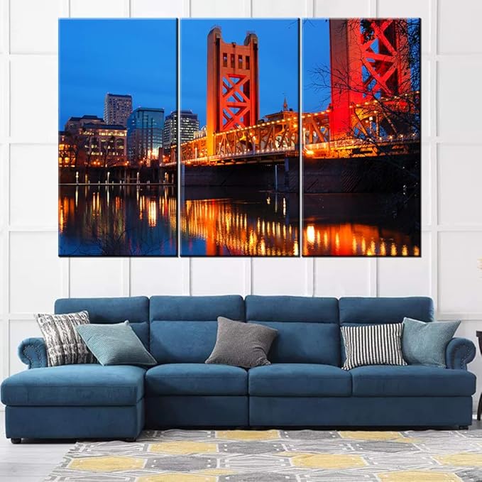 3 Piece Canvas Wall Art - The Tower Bridge Crosses the Sacramento River in the Heart of Downtown Sacramento, California - Modern Home Decor Stretched and Framed Ready to Hang - 40‘’x20‘’x3 panels
