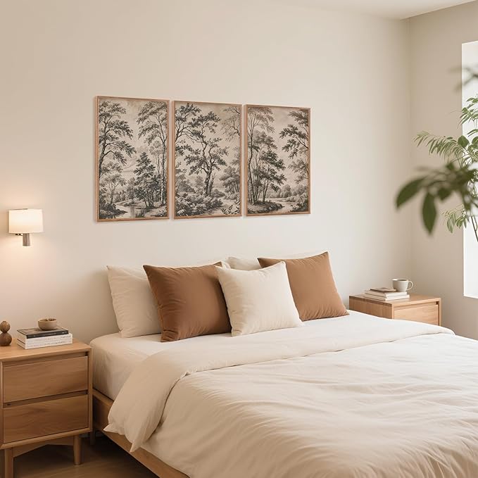 CHDITB Vintage Forest Framed Canvas Wall Art Set, Nature Tree Botanical Wall Decor，Scenic Art Spiritual Wall Painting, Neutral Artwork Wilderness Art Prints for Living Room Bedroom Office 16"x24"x3