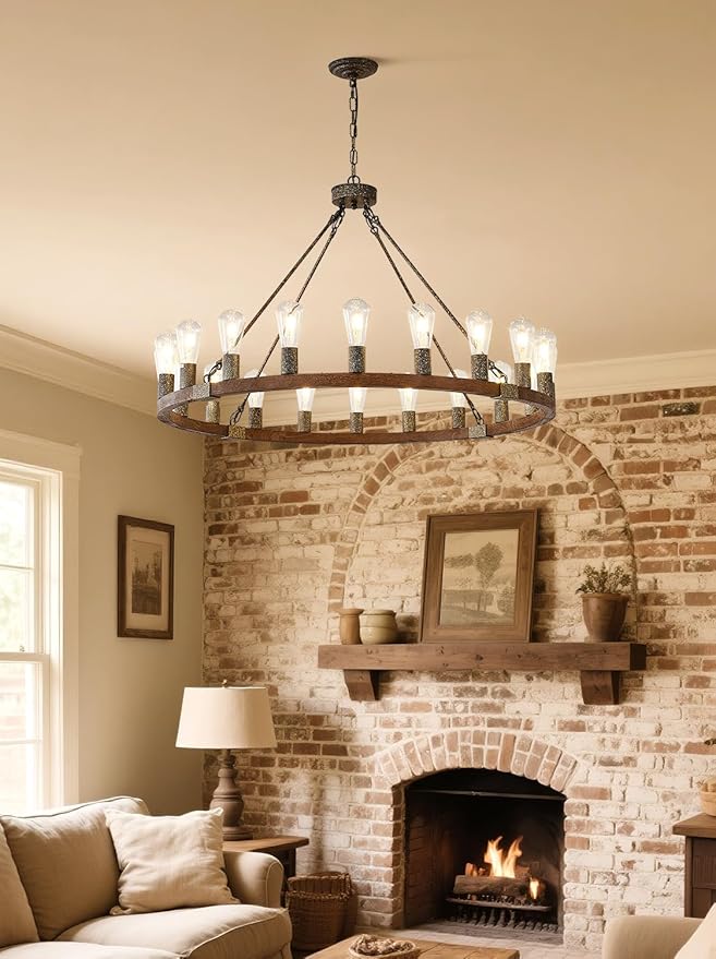 Large Wagon Wheel Chandelier, 40 Inch Farmhouse Chandeliers Rustic Wood, 20-Light Round Vintage Wooden Chandelier for Dining Room, Living Room, Entryway, Kitchen