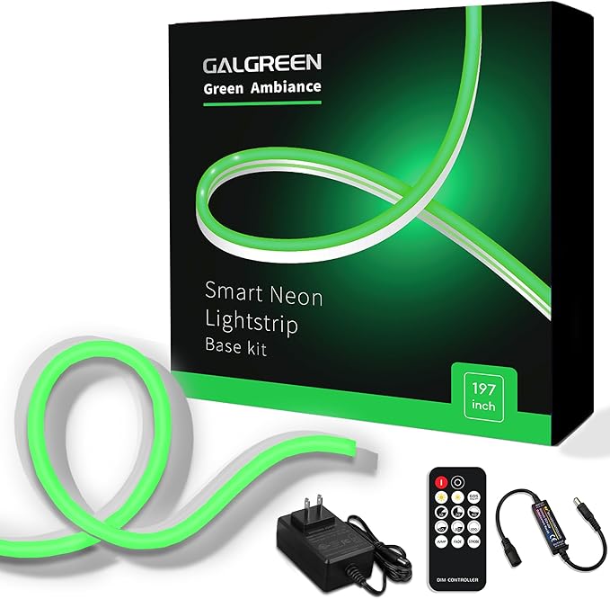 Neon Rope Lights, 16.4ft Rope Lights with Dimmable Remote and Adapter, Waterproof Flexible Smart Led Strip Lights for Bedroom, Super Bright, DIY Neon Sign, Indoors Outdoors Wall Decor, Green