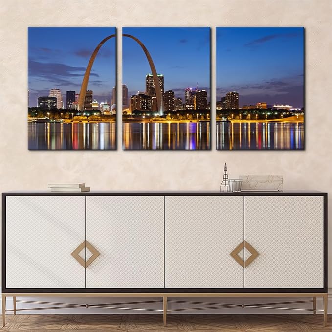 Pacimo Canvas Wall Art for Home Decor St. Louis Skyline Poster Wall Decor Gateway Arch at Sunset Canvas Prints Pictures Cityscape Modern Artwork Stretch and Framed Ready to Hang - 20"x28"x3 Panels