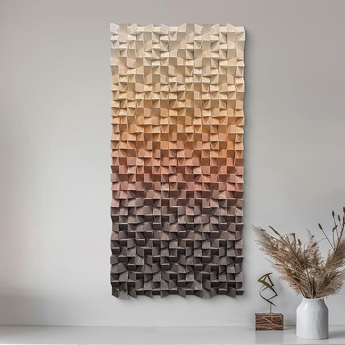 LIUZEYUE - 3D wooden block painting gradient coffee white art background wall wooden block abstract geometric wall decoration living room/bedroom/office modern minimalist style decoration 39.4"x78.7"